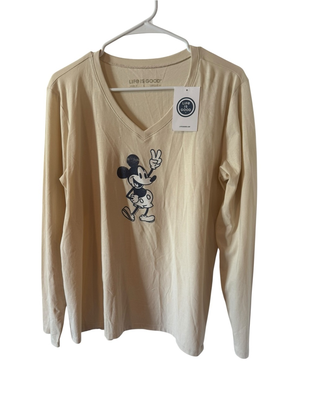 Life is Good Mickey Mouse Cream V-Neck Long Sleeve Tee size large NWT